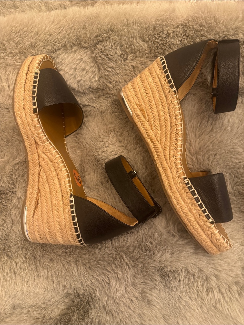 Franco Sarto Black Leather Espadrille Wedge Sandals with Ankle Strap